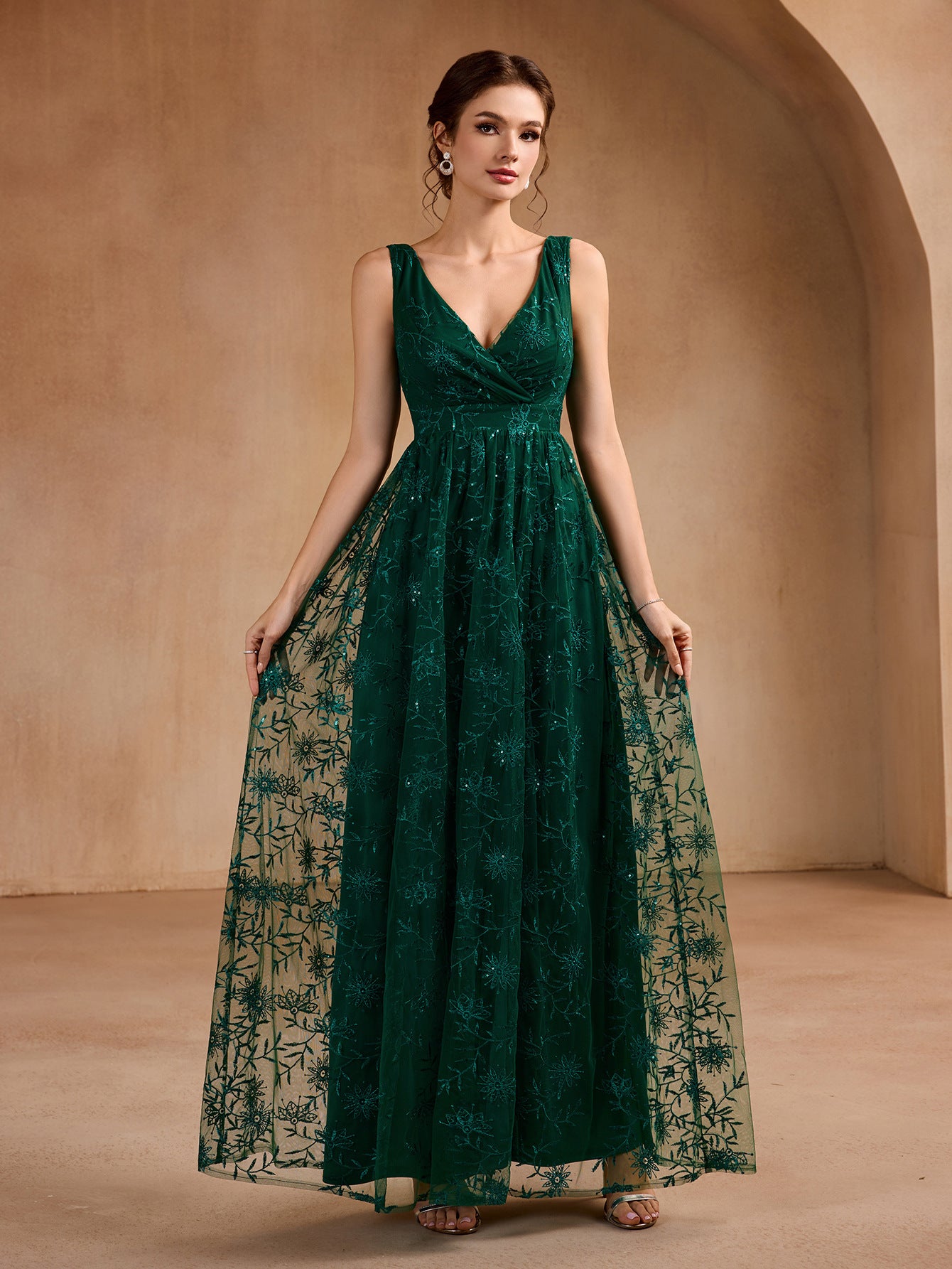 FLOWER DRESS V-NECK -GREEN