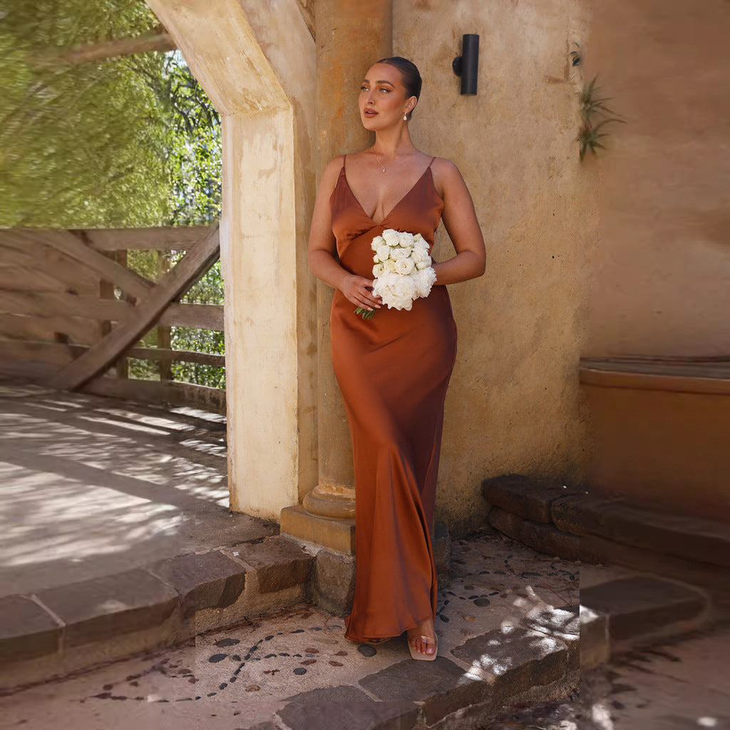 V-neck bridesmaid dress-Rust