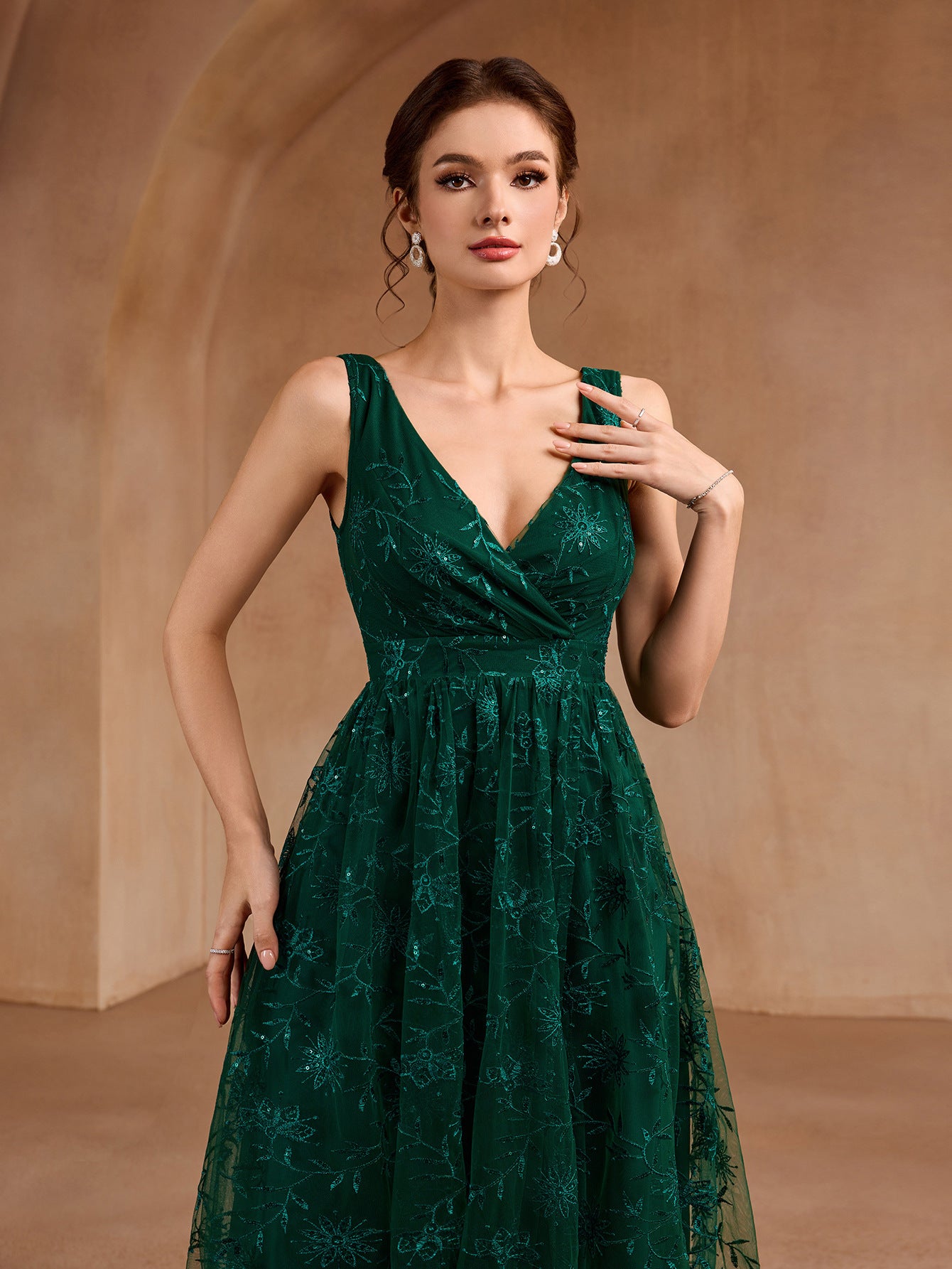 FLOWER DRESS V-NECK -GREEN
