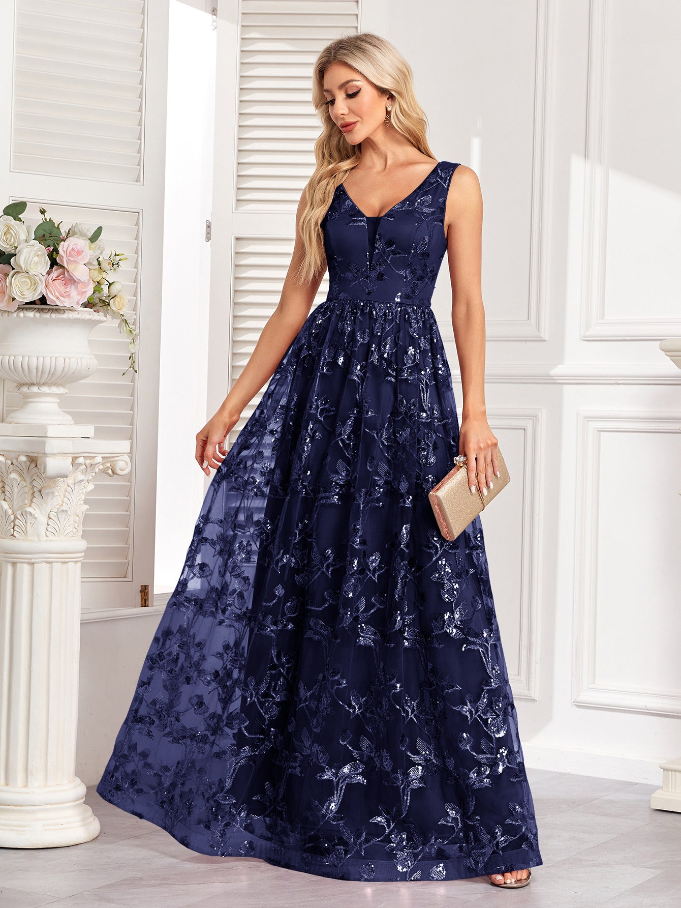 Embroidery Navy Long Dress