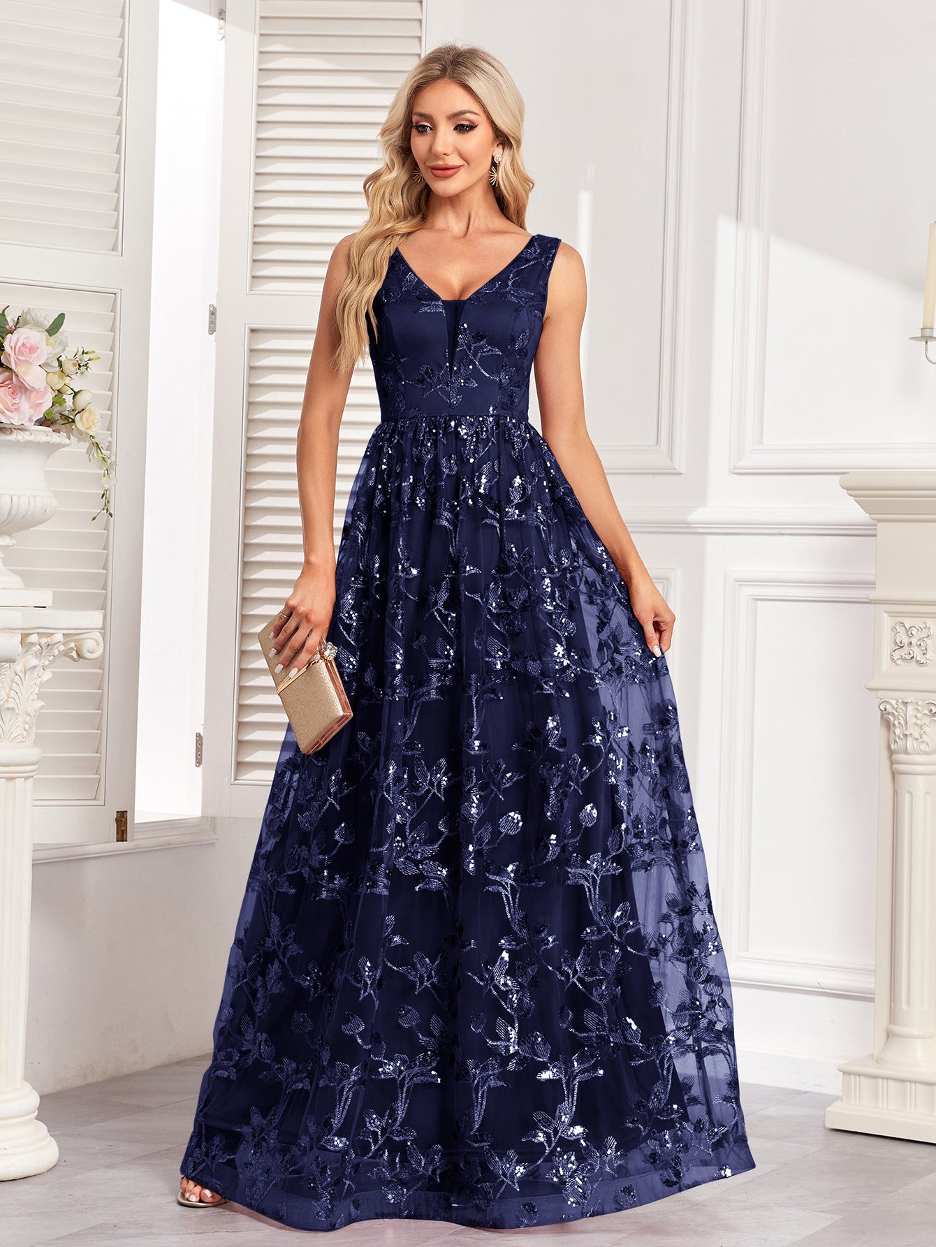 Embroidery Navy Long Dress