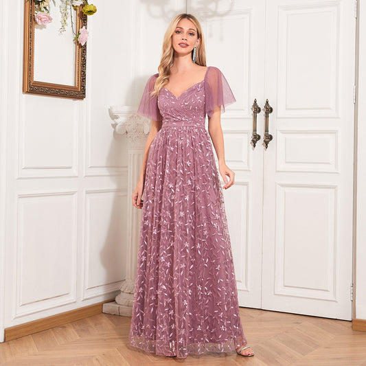V-NECK MESH LONG DRESS
