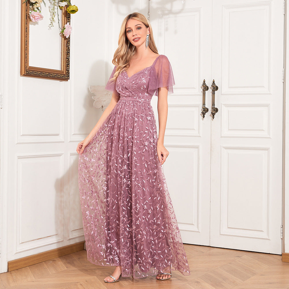 V-NECK MESH LONG DRESS