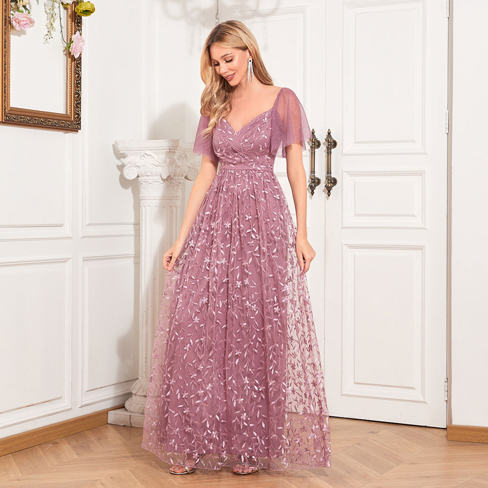 V-NECK MESH LONG DRESS