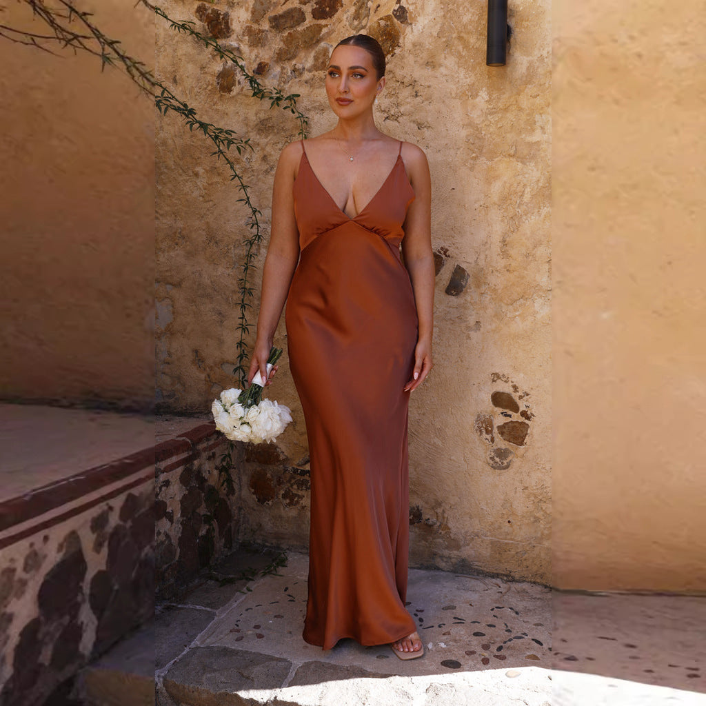 V-neck bridesmaid dress-Rust