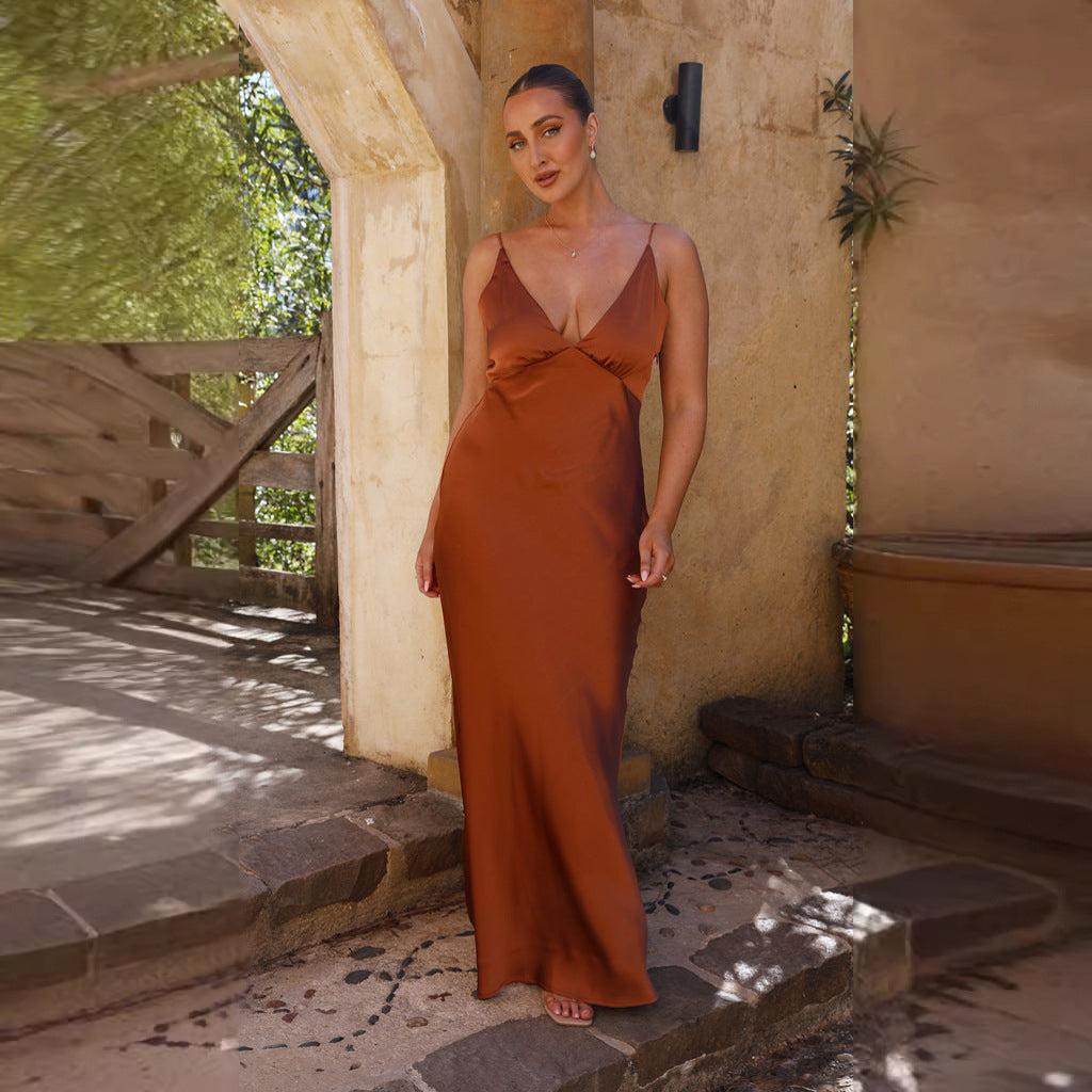 V-neck bridesmaid dress-Rust