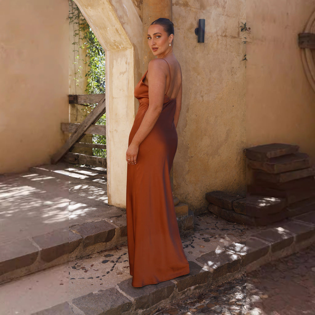 V-neck bridesmaid dress-Rust