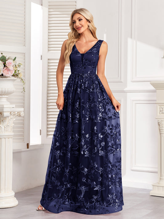 Embroidery Navy Long Dress